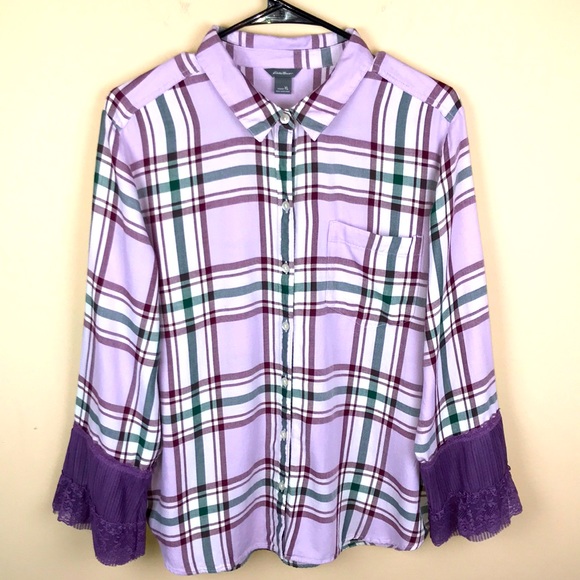 Eddie Bauer Women’s Plaid Tulle Floral Lace Sleeve and Back Button-Up Shirt - Picture 1 of 8